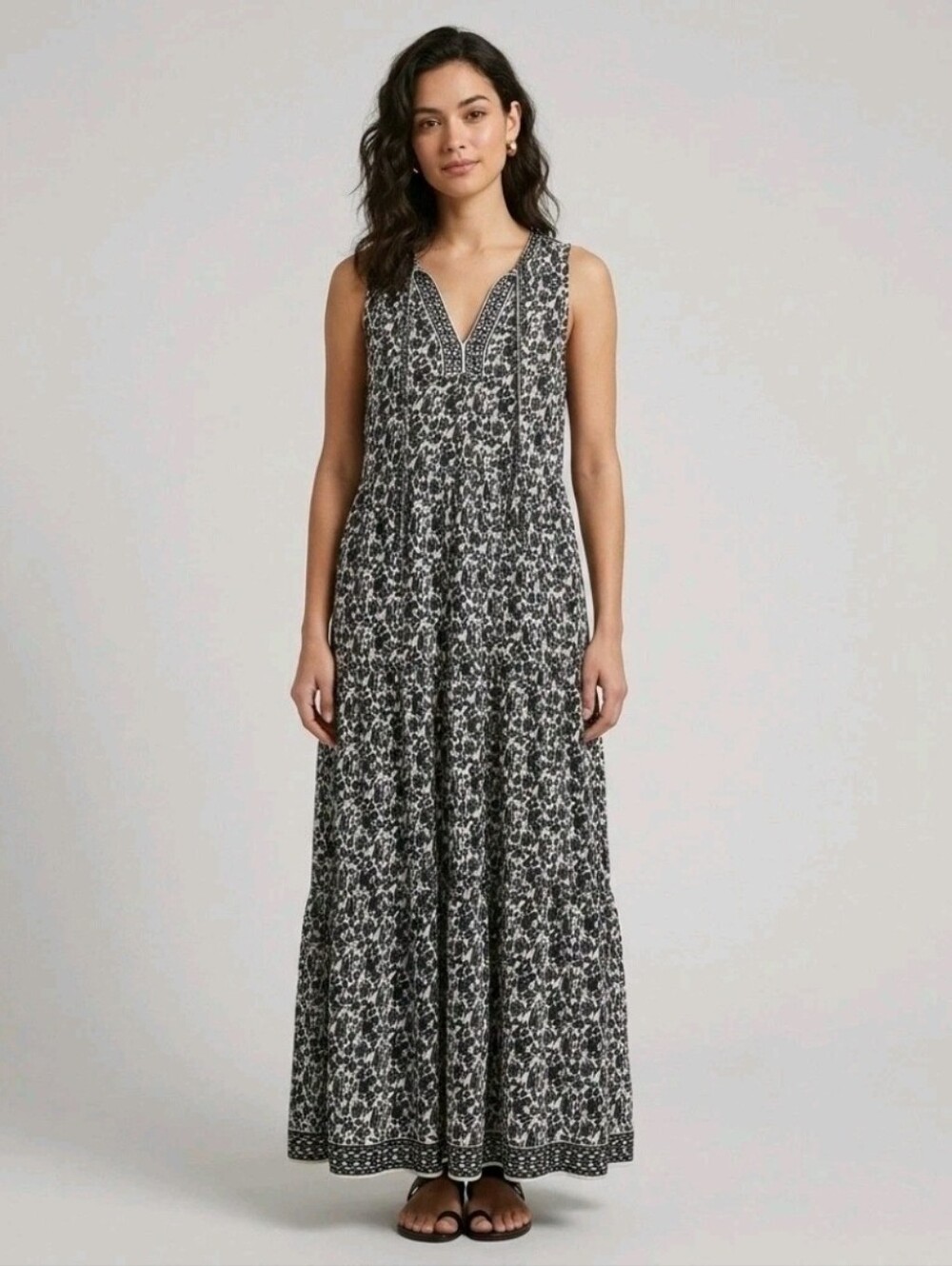 Max Studio London Tiered Maxi Dress Medium Black White Tank Lightweight Tassels